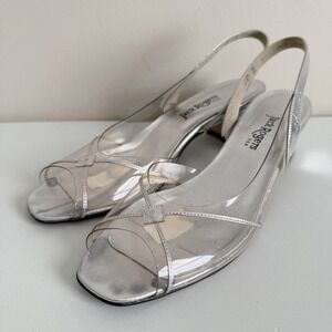 Vintage Jack Rogers Clear Vinyl Slingback Sandals Silver Block Heel Size 10N